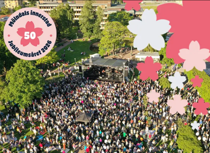 Flygbild över en stor folksamling vid en utomhusscen i en park, dekorerad med rosa blommor och jubileumslogga.