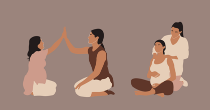 Illustration av två gravida kvinnor med stödpersoner, sittande på golvet och interagerar lugnt.