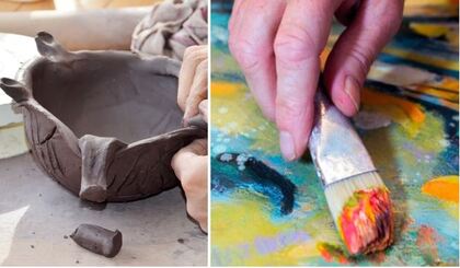 Tvådelad bild: till vänster en hand som formar en lerkruka, till höger en hand som målar med pensel på färgglad duk.
