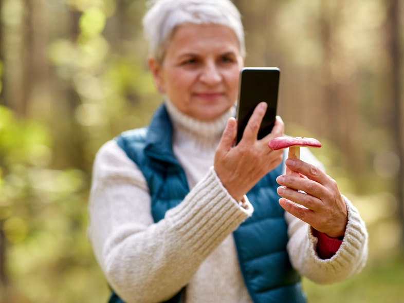 Äldre kvinna fotograferar en svamp med sin mobiltelefon i en skog.