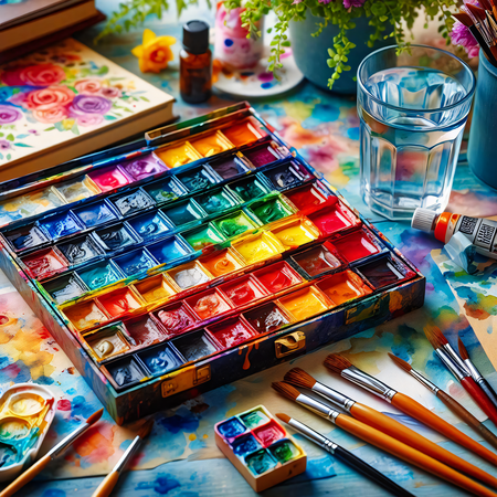 En färgglad akvarellpalett med penslar, glas vatten och målade blommor på ett konstnärsbord.