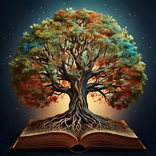 Ett stort, färgglatt träd växer upp ur en öppen bok mot en mörk bakgrund.