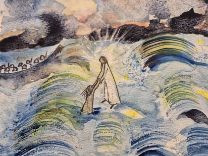 Akvarellmålning av två personer på stormigt hav, en hjälper den andra upp ur vattnet, med en båt i bakgrunden.