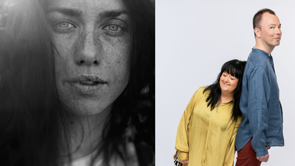 Två bilder: närbild av en kvinna i svartvitt och ett par där kvinnan lutar huvudet mot en mans axel, båda med suddiga ansikten.