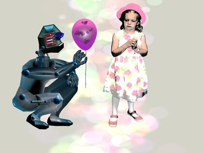 Robot överlämnar ballong till flicka
