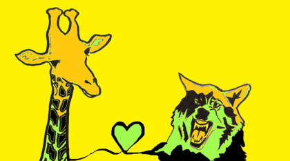 Tecknad giraff och varg med ett grönt hjärta mellan sig på gul bakgrund.
