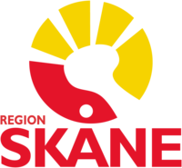 Logotyp för Region Skåne med stiliserad gul och röd symbol samt texten 'Region Skåne' i rött.