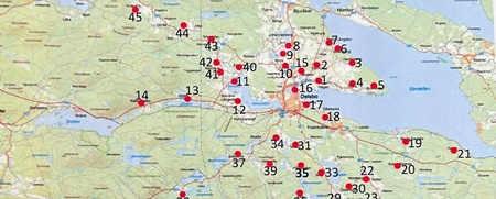 Informationsblad om Delsbo gårdsnamn med karta och logotyper för Seniorerna och Vuxenskolan.