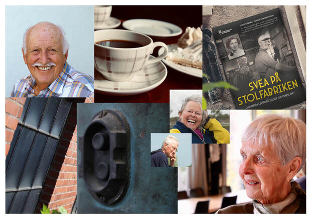 Ett collage med äldre personer som ler, en kopp kaffe, en bok, en tegelvägg och ett eluttag.
