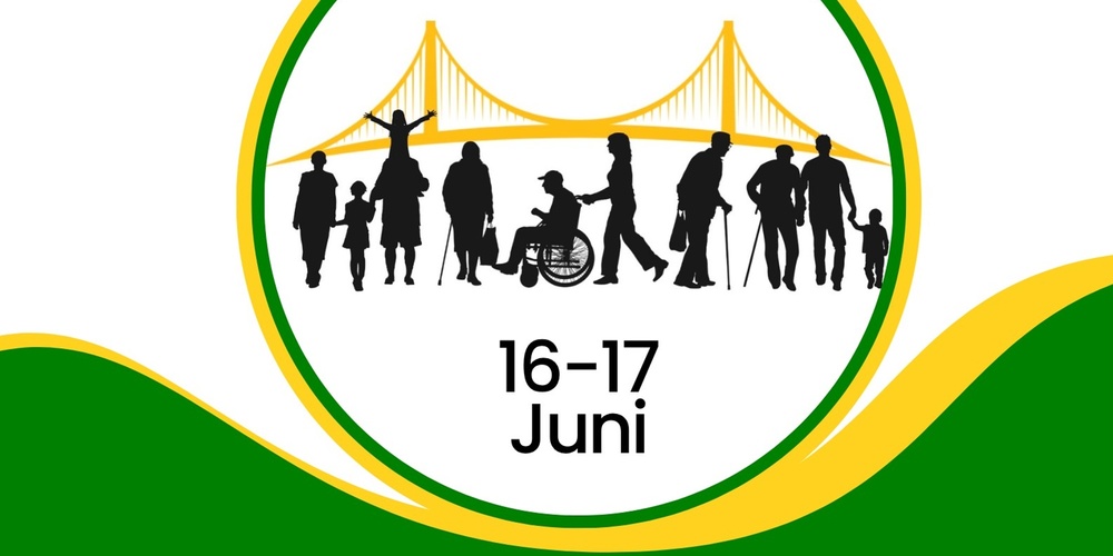 Affisch för Funktionsrättsmässan 16–17 juni med siluetter av människor och en bro i bakgrunden.