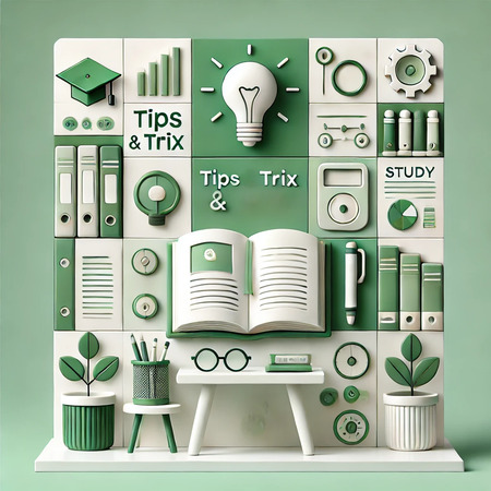 Illustration av studietips med böcker, glasögon, pennor och ikoner i gröna och vita färger.