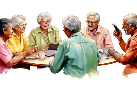 Sex äldre personer sitter runt ett bord och använder digitala enheter, skrattar och samtalar.