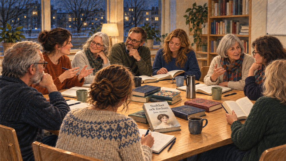 En grupp vuxna sitter runt ett bord och diskuterar böcker i en varm, hemtrevlig miljö.
