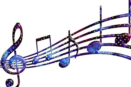 Färgglada noter och en klav på en notrad mot vit bakgrund, med galaxmönster.
