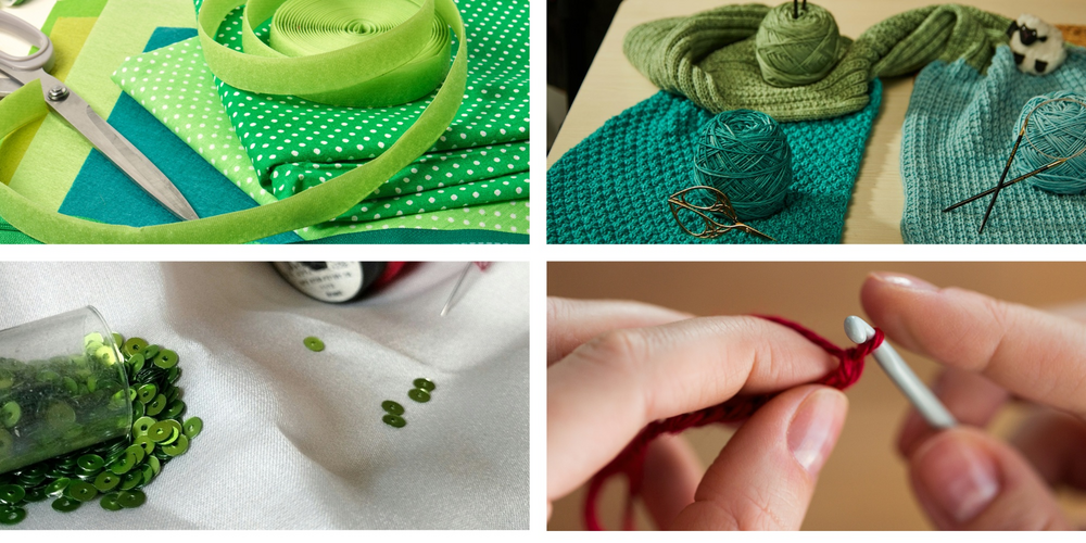 Sex bilder som visar olika textilhantverk, inklusive tyg, garn, paljetter, virkning och broderi.