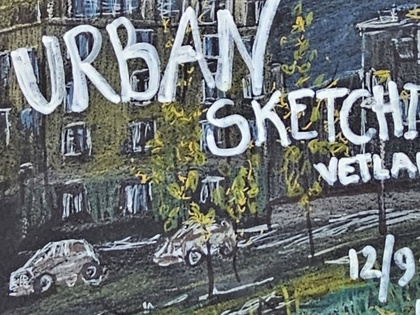 Affisch med tecknad stadsmiljö och information om Urban Sketching i Vetlanda, 12 september kl 11.