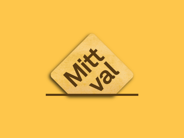Senapsgulbakgrund med en kvadrat i gulbrunt, i kvadraten står det Mitt val i brun text. 