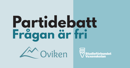 Affisch med texten 'Partidebatt Frågan är fri', logotyper för Oviken och Studieförbundet Vuxenskolan, blå bakgrund.