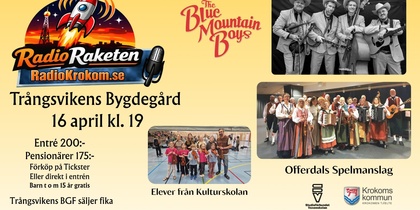 Affisch för musikevenemang i Trångsvikens Bygdegård 16 april med band, spelmanslag och elever.