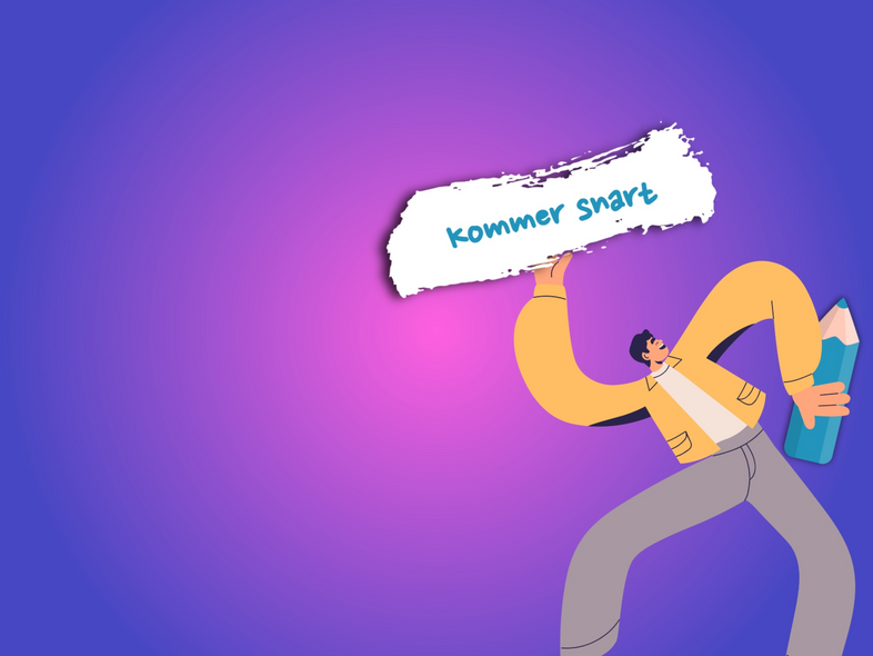 Illustration av person med stor penna som håller en skylt med texten 'kommer snart' mot en lila bakgrund.