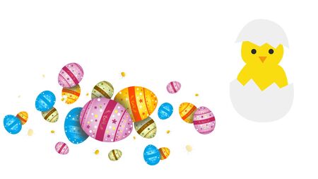 Illustration av färgglada påskägg och en gul kyckling som kläcks ur ett vitt äggskal på vit bakgrund.