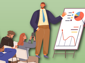Illustration av en presentation med publik, två personer visar diagram på en whiteboard.