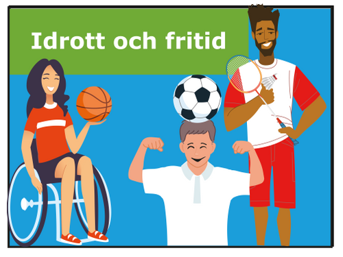 Illustration av tre personer som utövar olika sporter: basket i rullstol, fotboll och badminton.