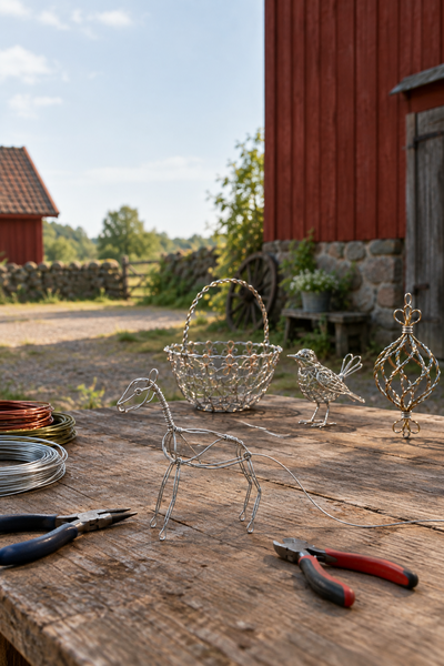 Träbord utomhus med tänger, metalltråd och figurer av ståltråd framför en röd lada på landet.