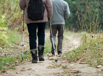 Två personer vandrar på en skogsstig med gångstavar, sedda bakifrån.