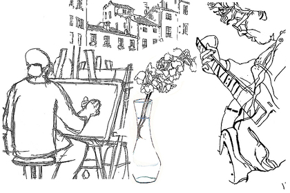 Streckteckning av konstnär som målar, en gitarrist och en vas med blommor, samt hus i bakgrunden.