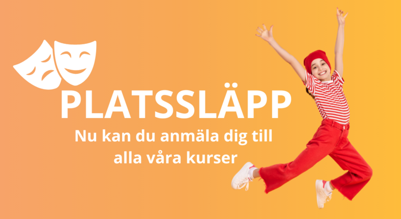 Glad person i röd klädsel hoppar framför orange bakgrund med text om kursanmälan och teatermasker.