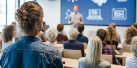 En person håller en presentation inför en publik i ett modernt konferensrum med en stor skärm.