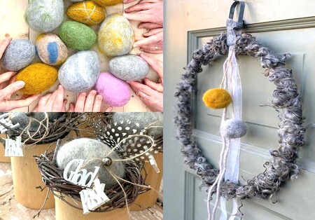 Flera händer håller färgglada tovade ullstenar, dekorationer med tovade stenar och en krans med tovade ullbollar.