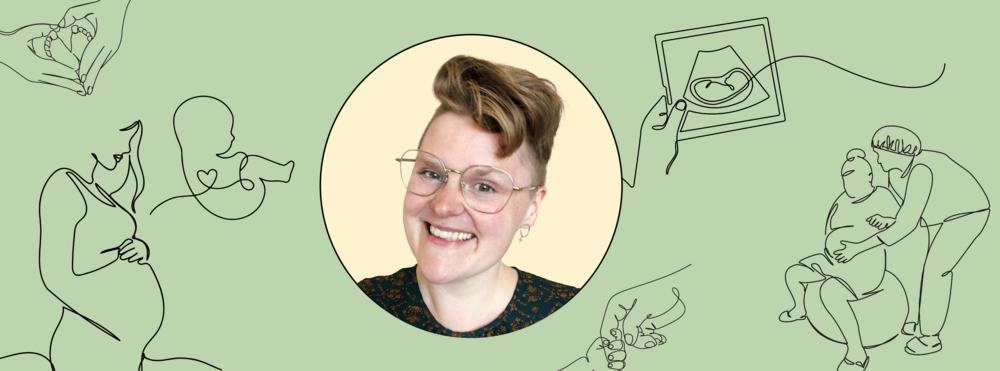 Illustration med graviditetstema, linjeteckningar av gravida personer, ultraljud och händer på grön bakgrund.