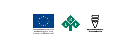 Logotyper för EU, LRF och Studieförbundet Vuxenskolan.