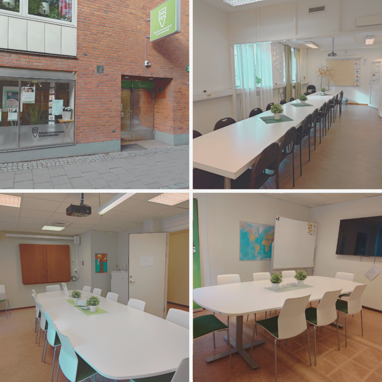 Fyra bilder visar en skolbyggnad utifrån och tre olika klassrum med vita bord och stolar inomhus.