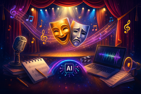 Färgstark scen med mikrofon, anteckningsblock, laptop och musiknoter, AI-symbol i centrum.