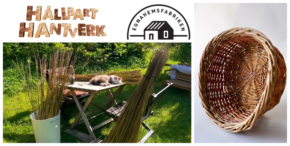 Kollage med texten 'Hållbart hantverk', logotyp, sovande katt på bord, pilkvistar och en flätad korg.