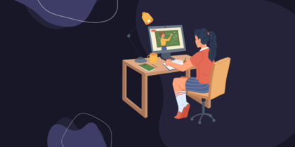 Illustration av en person som studerar vid ett skrivbord med onlineundervisning på datorskärm, antecknar i block med kaffemugg och surfplatta bredvid