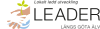 Logotyp för Leader längs Göta älv med text och illustration av två händer, ett blad och blå vågor.