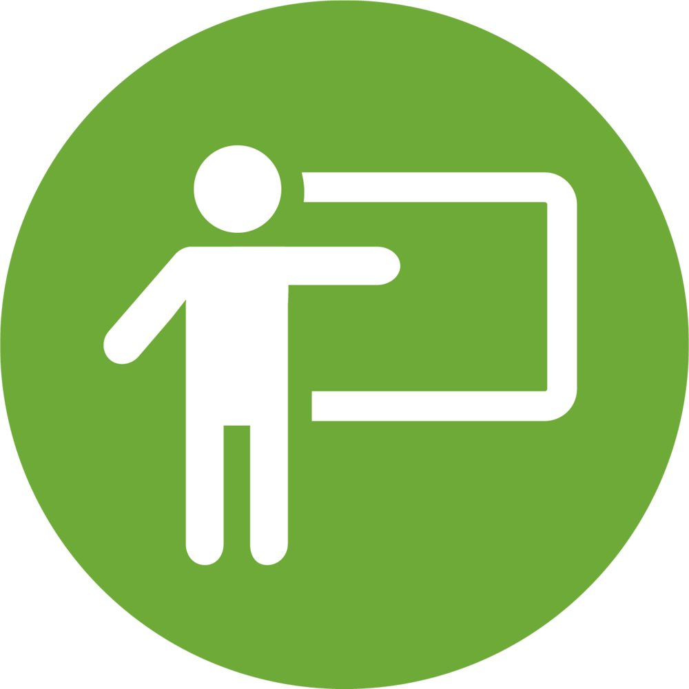 En ikon av en person som pekar på en tavla, vit figur på grön cirkelbakgrund.