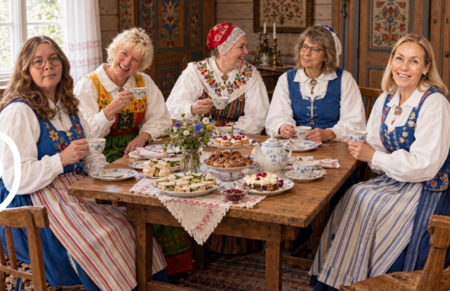 Fem kvinnor i folkdräkt sitter runt ett bord med fika och te i en traditionell svensk stuga.