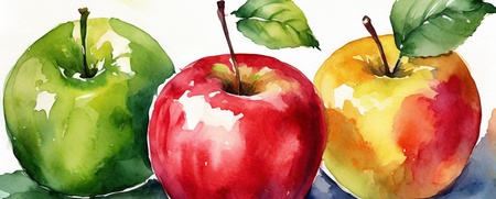 Akvarellmålning av tre äpplen i grönt, rött och gult med blad på vit bakgrund.