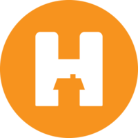 En vit bokstav H med ett hus i mitten på en orange cirkulär bakgrund.