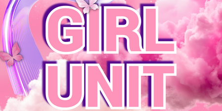 Texten 'GIRL UNIT' i stora bokstäver mot en rosa bakgrund med moln, fjärilar och neonliknande linjer.