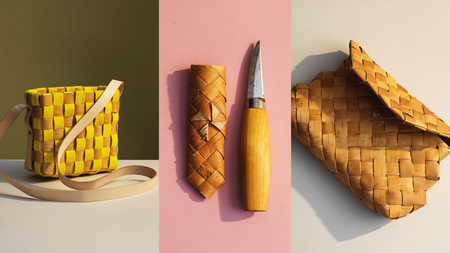 Tre flätade föremål: en gul väska, en kniv med fodral och en brun kuvertväska mot färgade bakgrunder.