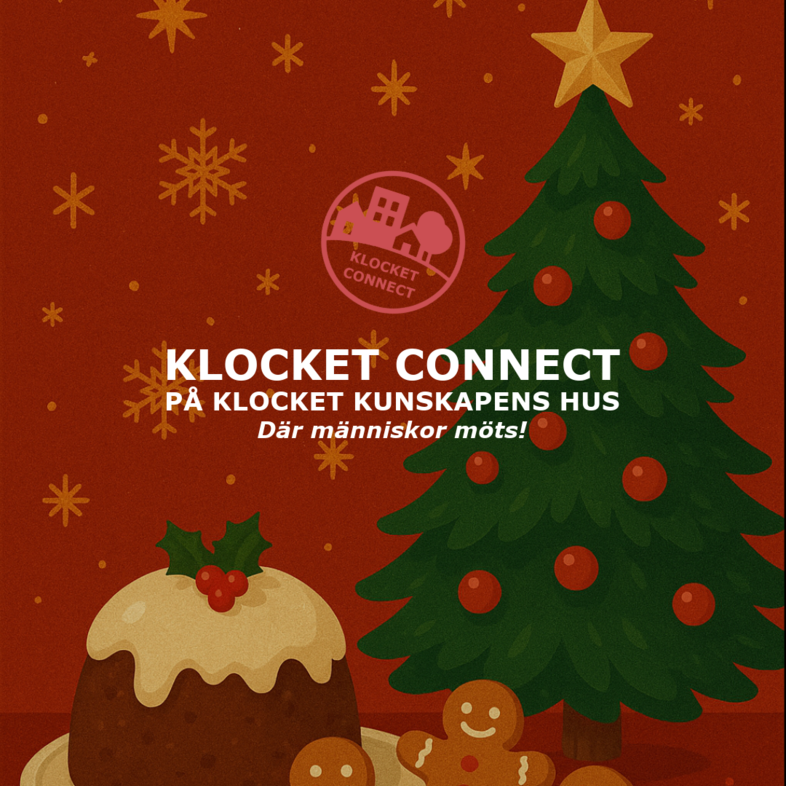 Illustration med julgran, pepparkakor, julkaka och text om Klocket Connect på röd bakgrund med snöflingor.
