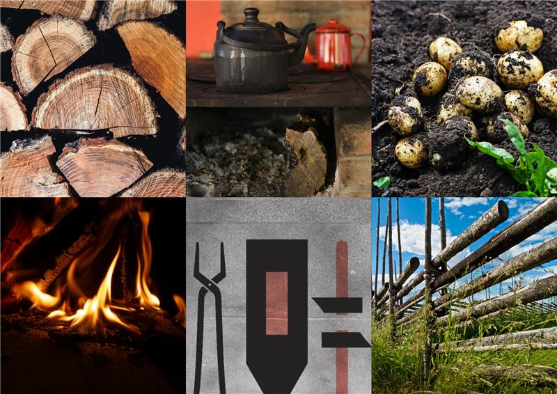 Sex bilder: vedträn, kaffepanna, potatis i jord, eld, verktyg, och trästaket på landsbygd.