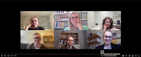 Sex personer deltar i ett digitalt videomöte, uppdelade i separata rutor på en datorskärm.