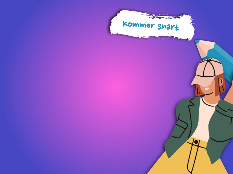 Illustration av person med keps och stor penna mot lila bakgrund, texten 'kommer snart' högst upp.